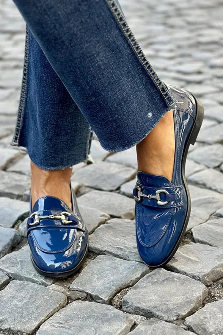 Round Toe Metallic Buckle Decor Navy Loafers [Pre Order]