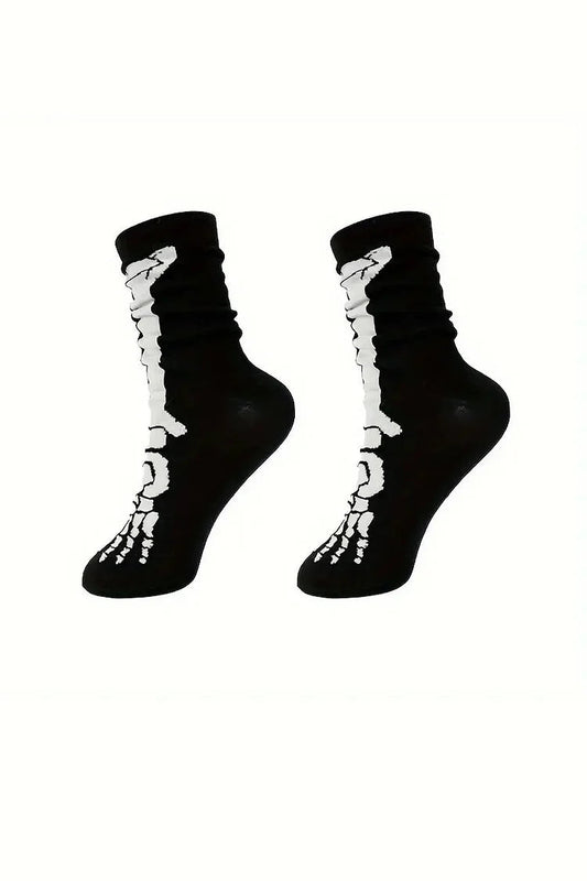 Halloween Colorblock Skeleton Hand Print Mid Calf Socks