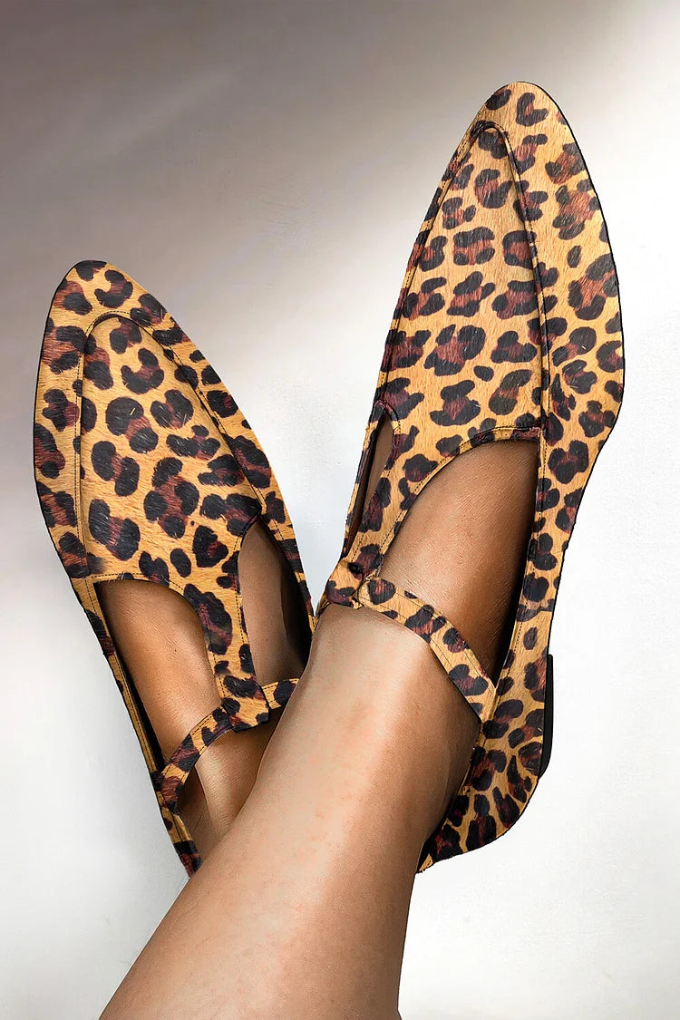 Pointed Toe Leopard Print T-Strap Khaki Leather Flats [Pre Order]