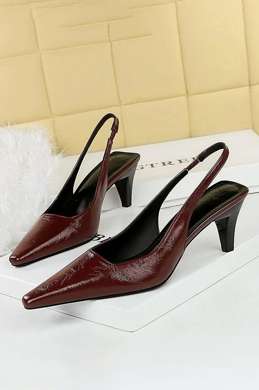 Textured Square Toe Slingback Strap Plain Elegant Chunky Heels