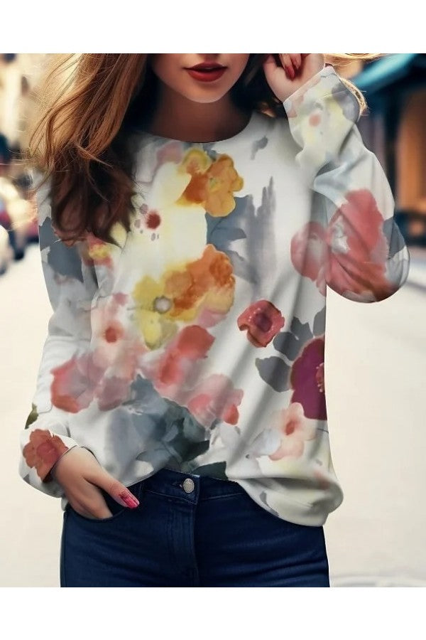 Casual Floral Print Crew Neck Long Sleeve Sweatshirt