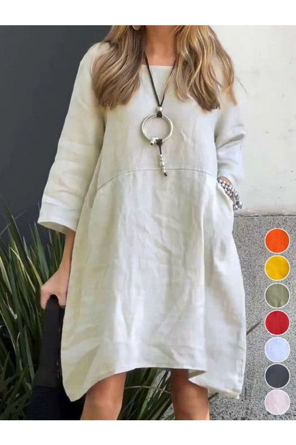 Loose Cotton and Linen Sweatshirt Dress Casual Style