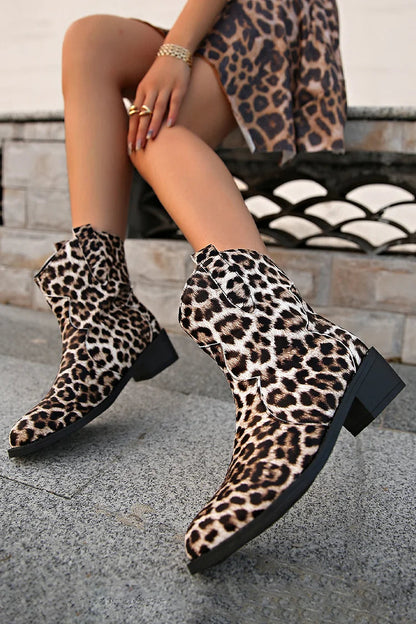 Patchwork Round Toe Leopard Print Chunky Heel Mid Boots