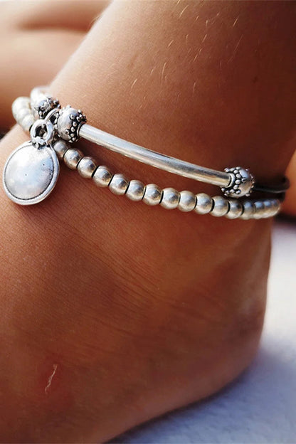 Boho Style Alloy Round Pendant Beaded Layered Anklet