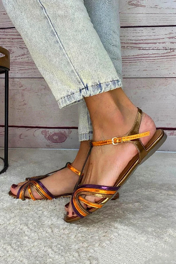 Multicolor Peep Toe T-Strap Buckle Gold Sandals