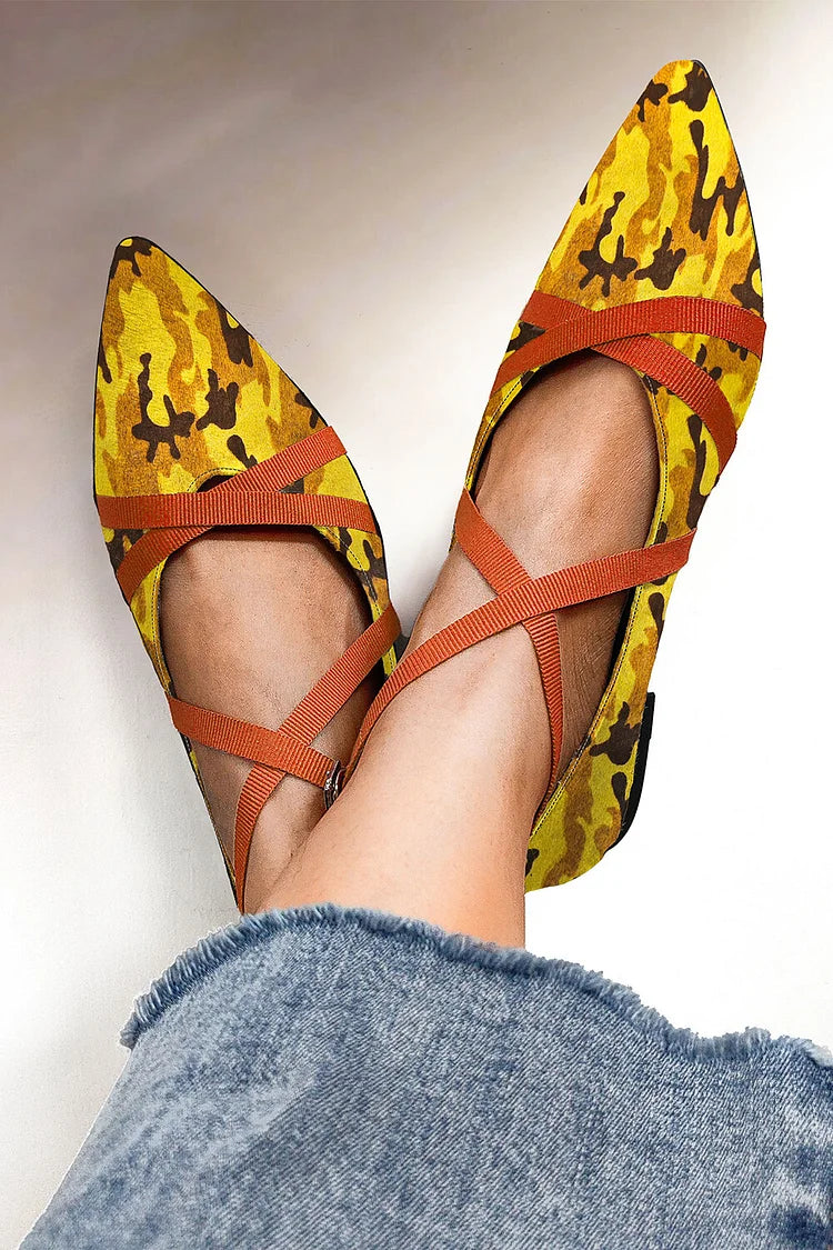 Camo Print Cross Strap Pointed Toe Yellow Leather Flats [Pre Order]