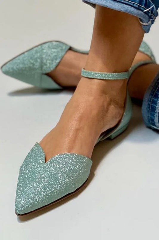 Ankle Strap Buckle Glitter Pointed Toe Green Flats [Pre Order]