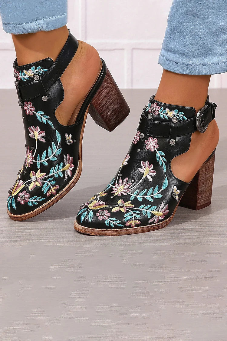 Floral Leaf Embroidery Round Toe Slingback Chunky Heels