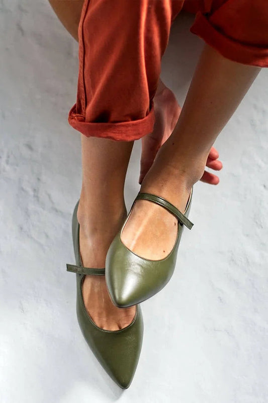 Instep Strap Solid Color Pointed Toe Green Flats