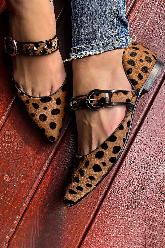 Animal Print Instep Strap Buckle Pointed Toe Brown Flats [Pre Order]