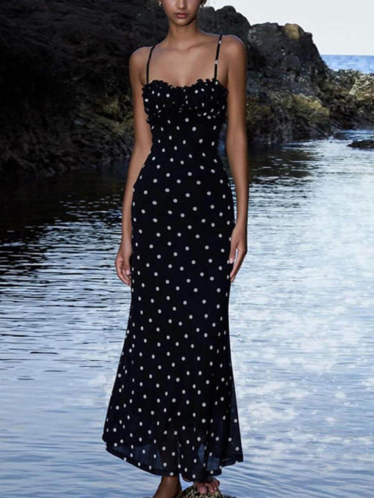 Elegant INS French Slim Backless Polka Dot Suspender Maxi Dress