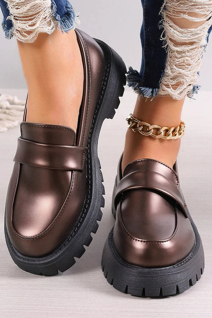 Patchwork Round Toe Chunky Heel Casual Loafers