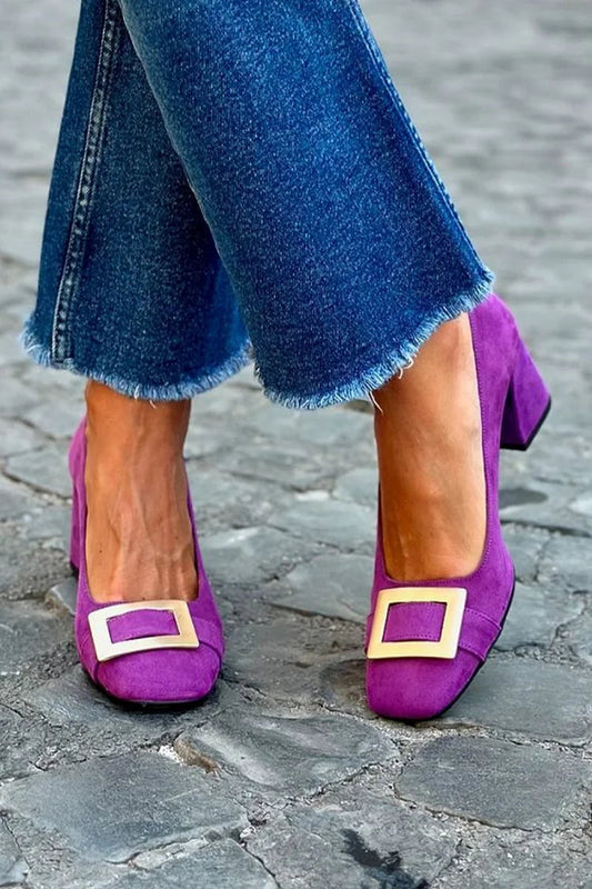 Square Toe Metal Decor Purple Chunky Heels [Pre Order]