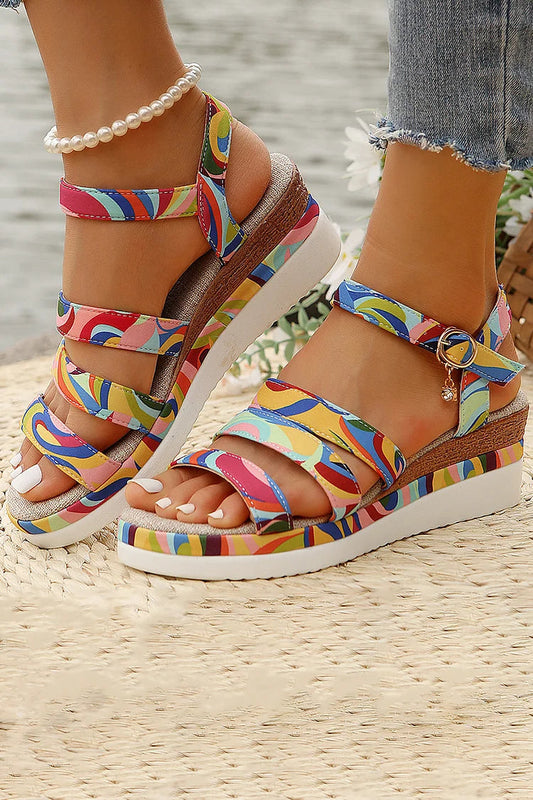 Colourful Swirl Print Alloy Buckle Ankle Strap Platform Wedge Sandals