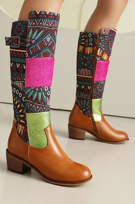 Colorblock Patchwork Tribal Pattern Round Toe Mid Calf Boots