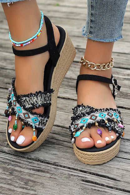 Ethnic Pattern Beaded Pendant Hanging Fringe Ankle Strap Wedge Sandals