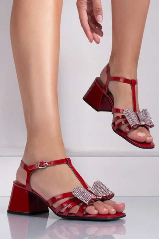 Rhinestone Bowknot Square Toe Hollowed T-Strap Red Chunky Heels [Pre Order]