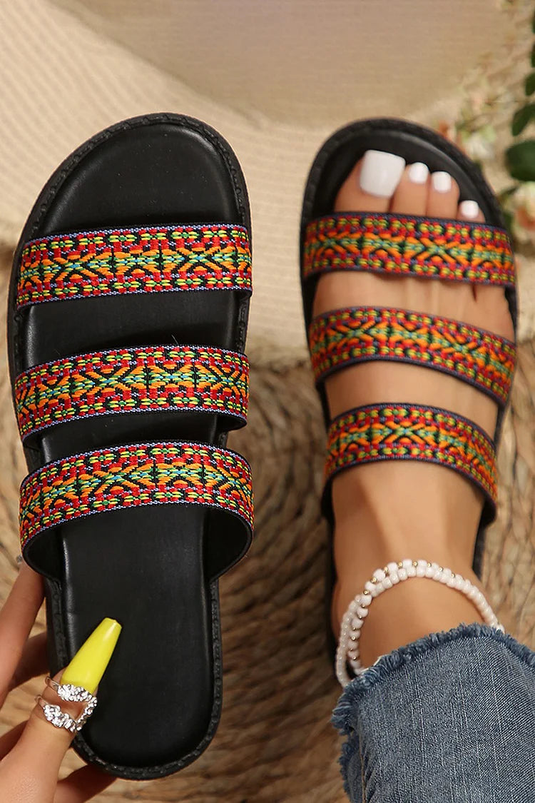 Ethnic Pattern Three Instep Straps Round Toe Slippers