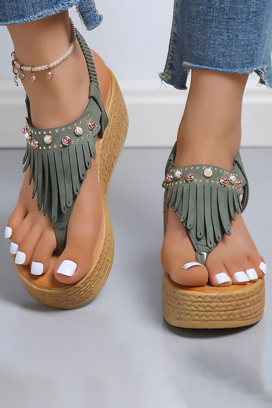 Fringe Trim Rhinestone Pearl Decor Flip Flops Platform Wedge Sandals