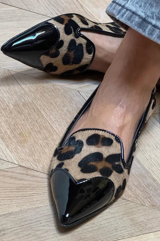 Leopard Print Patchwork Pointed Toe Khaki Flats