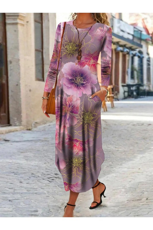 Floral Crew Neck Long Sleeve Comfy Casual Maxi Dress