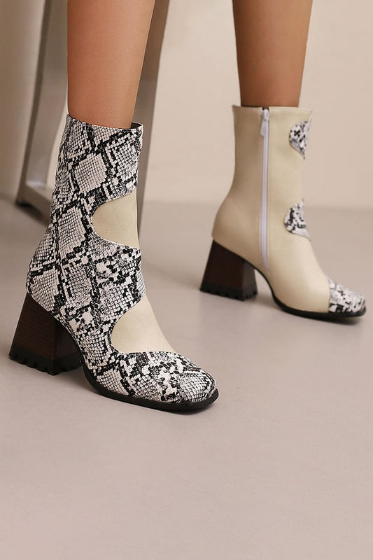 Snake Print Patchwork Square Toe Chunky Heel Mid Calf Boots