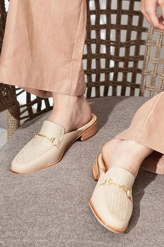 Patchwork Round Toe Metallic Buckle Decor Beige Mules