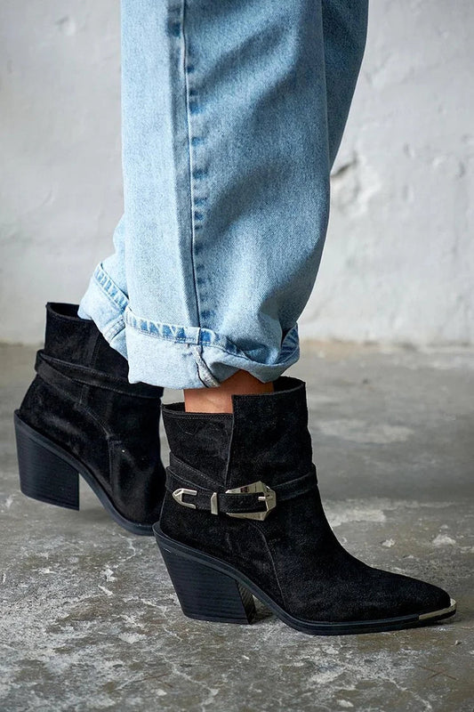 Strap Buckle Pointed Toe Chunky Heel Black Western Boots [Pre Order]