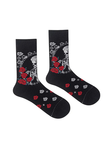 Halloween Skeleton Lady Colorblock Roses Pattern Mid Calf Socks