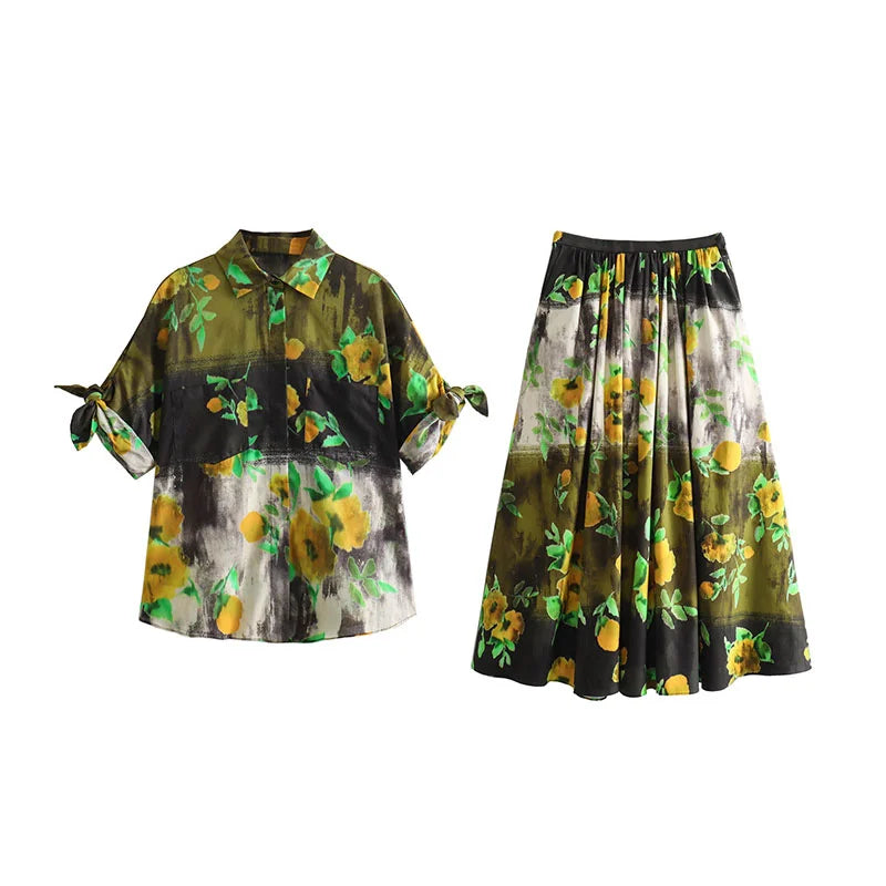 Loose short-sleeved top and printed skirt two-piece set