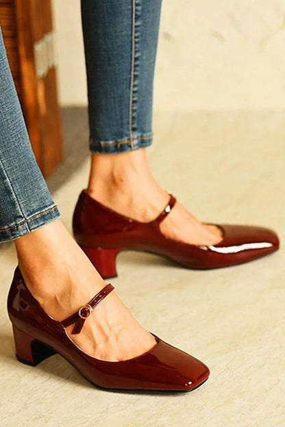 Elegant Instep Strap Buckle Solid Color Square Toe Chunky Heels