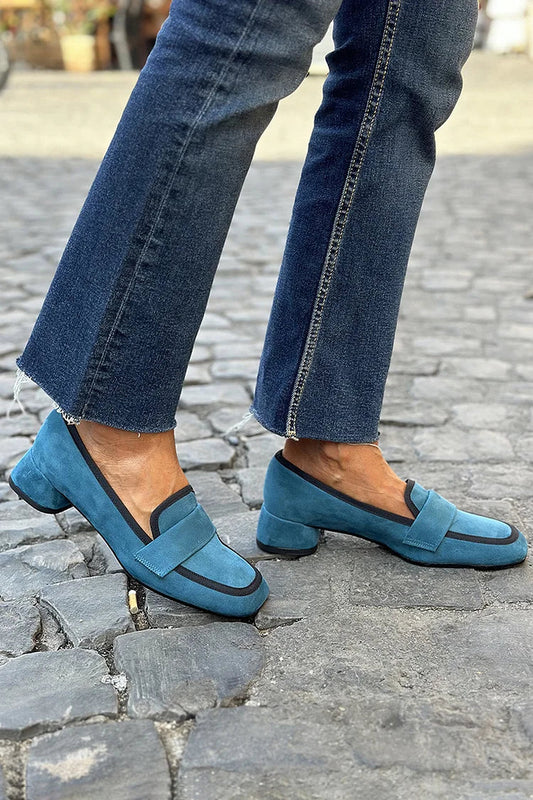 Contrast Trim Patchwork Square Toe Blue Low Heels [Pre Order]