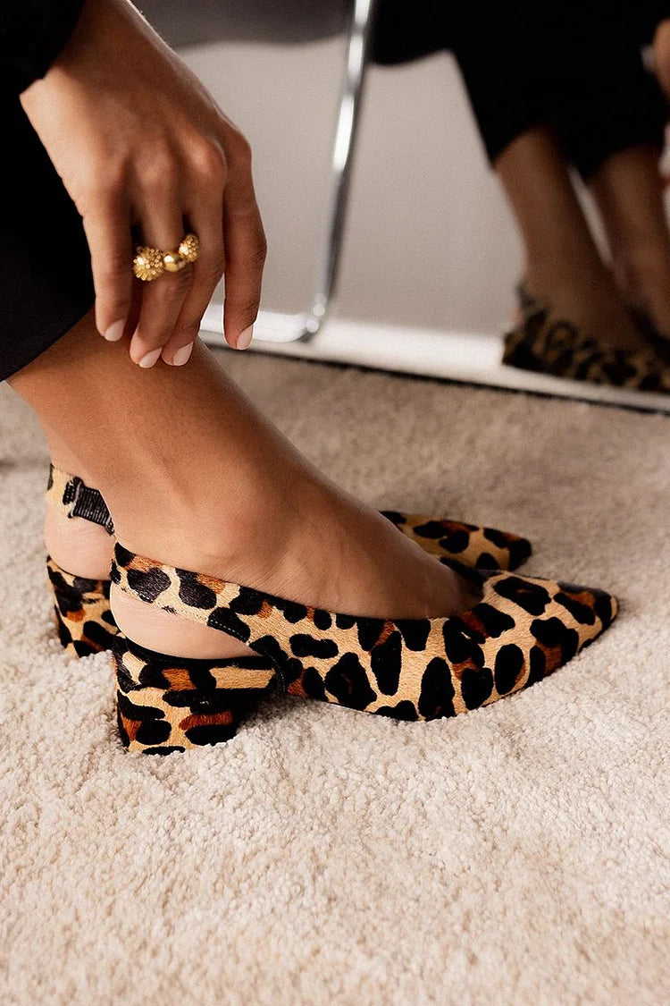 Pointed Toe Slingback Leopard Print Beige Chunky Heels [Pre Order]