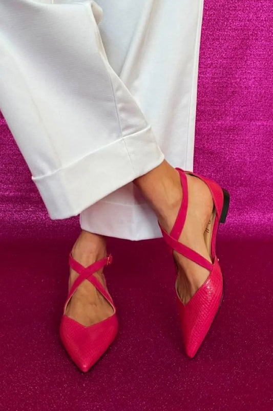 Crocodile Embossed Cross Strap Pointed Toe Fuchsia Flats [Pre Order]