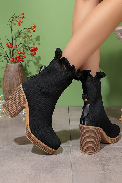 Knitted Frilled Round Toe Chunky Heel Pull On Mid Boots