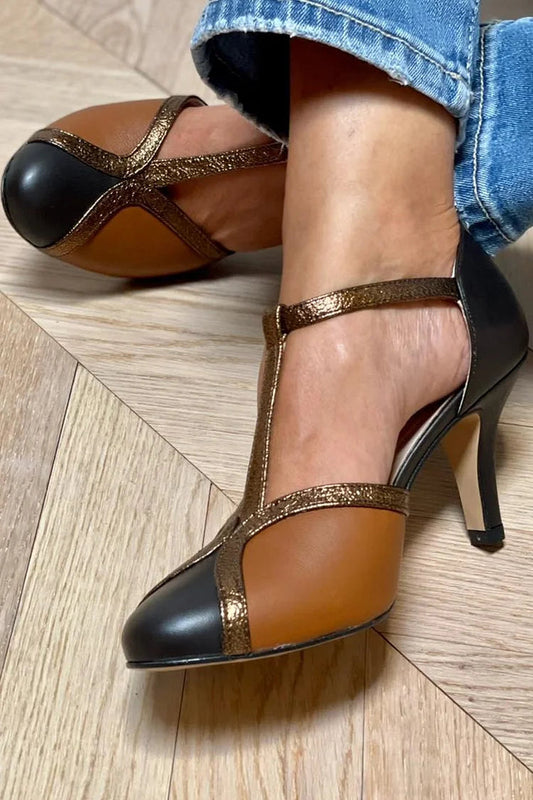 Colorblock Glitter T-Strap Brown Stiletto Heels