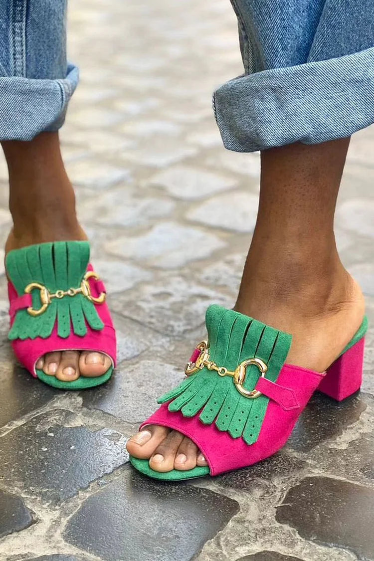 Metallic Buckle Colorblock Fringe Peep Toe Fuchsia Chunky Heels