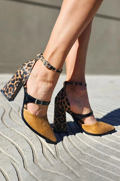 Colorblock Pointed Toe Leopard Print Khaki Chunky Heels