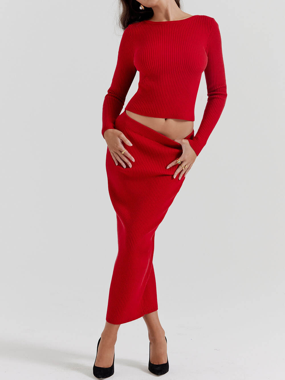 Falda larga de mezcla de punto roja