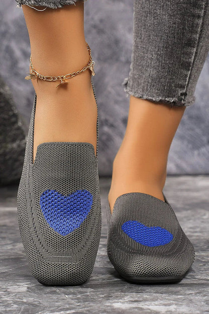 Heart Pattern Print Square Toe Slip On Knit Casual Flats