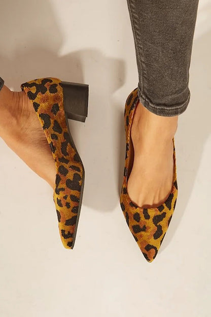 Animal Print Pointed Toe Brown Chunky Heels [Pre Order]