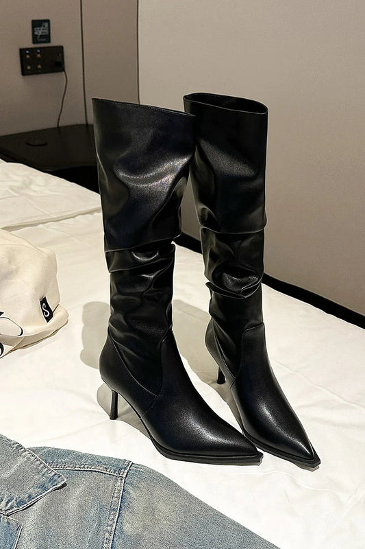 Pointed Toe Solid Color Patchwork Stiletto Heel Knee High Boots