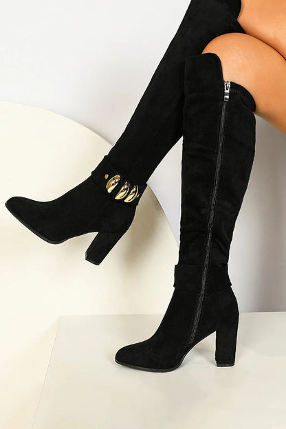 Irregular Metal Decor Pointed Toe Chunky Heel Zipper Knee High Boots