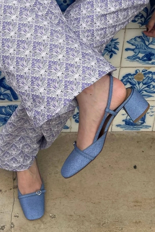 Slingback Strap Square Toe Buckle Blue Chunky Heels [Pre Order]