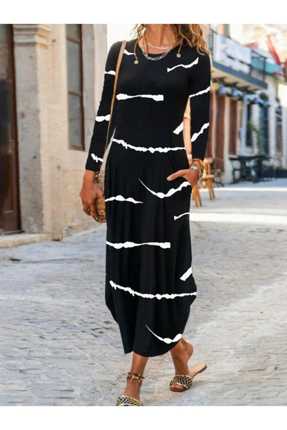 Casual Stripe Print Crew Neck Long Sleeve H-line Lightweight Daily Maxi Dress