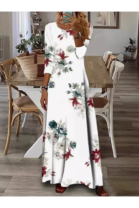 Floral Print Crew Neck Long Sleeve Comfy Casual Maxi Dress