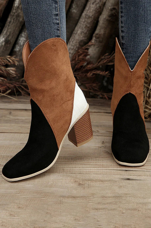 Colorblock V Groove Round Toe Chunky Heel Mid Calf Boots