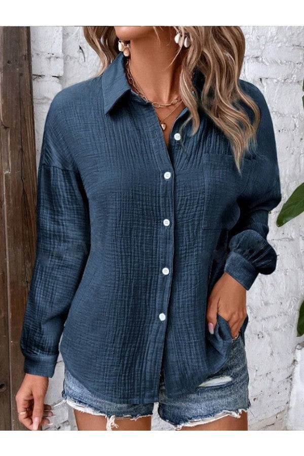 Plain Shirt Collar Long Sleeve Buckle Loose Casual Shirt