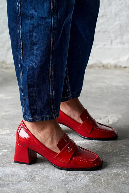 Solid Color Patchwork Square Toe Red Chunky Heels [Pre Order]