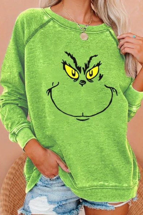 Green Grinch Face Print Long Sleeves Sweatshirt